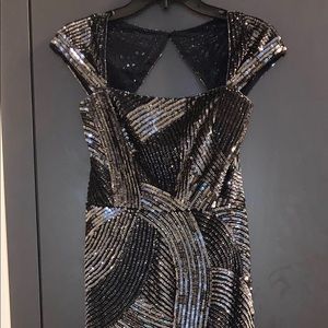 Adrianna Papell fully beaded navy cap sleeve gown